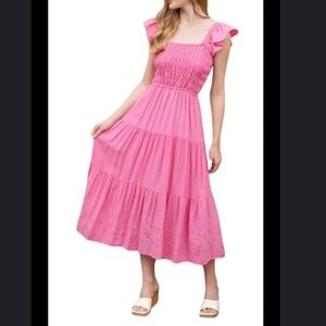 By the River Pink Eyelet Midi Dress